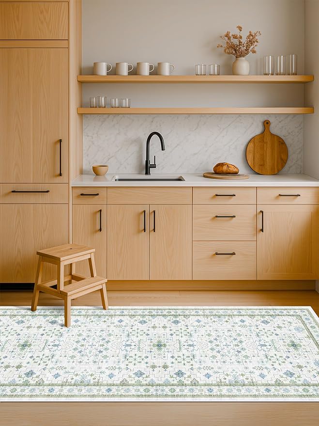 Hazo Haus Washable Oushak Bathroom Runner Rug 2x5 - Eclectic Boho Floral Pastel, Non Slip Low Pile Stain Resistant Small Throw Rug for Bedroom, Laundry Room, Powder Room, Cream Green
