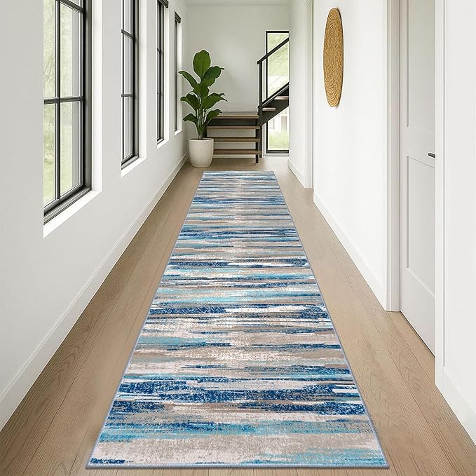 Lansny Modern Abstract Runner Rug 3x12, Blue Washable Long Kitchen Runner Non-Slip Soft Hallway Rug Runner Thin Print Faux Wool Carpet for Entryway Bedroom Laundry Room Indoor Home Decor