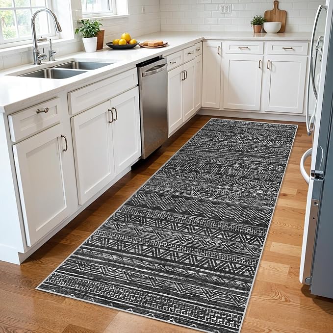 3x7 Washable Hallway Runner Rug - Moroccan Non-Slip Indoor Table Long Runners for Entryway Soft Low-Pile Neutral Rugs for Kitchen Waterproof Geometric Carpet for Bedroom Bathroom Laundry 3x7 Black