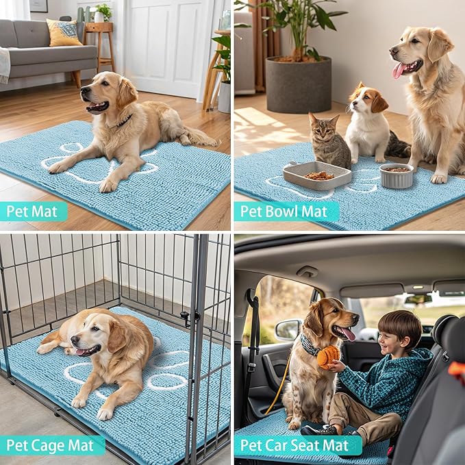 Smiry Dog Door Mat for Muddy Paws, Absorbent Dirt Trapper Non Slip Quick Dry Washable Chenille Mat for Mud Dogs, Entry Rug for Indoor and Outdoor (24x16 Inches, Sky Blue and White)