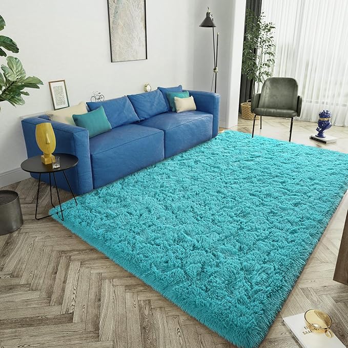 LOCHAS Ultra Soft Indoor Modern Area Rugs Fluffy Living Room Carpets for Children Bedroom Home Decor Nursery Rug 4x5.3 Feet,Teal Blue