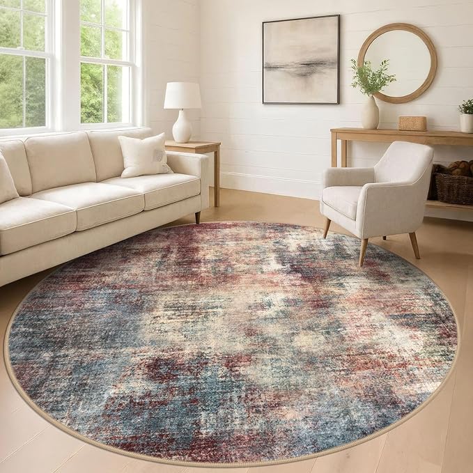 IOHOUZE Abstract Round Area Rug 8 Ft Washable Circle Rugs Large Round Rug Non Slip Thin Soft Circle Rugs, Printed Faux Wool Floor Carpet for Bedroom Living Room Dining Room Nursery, Red/Multi