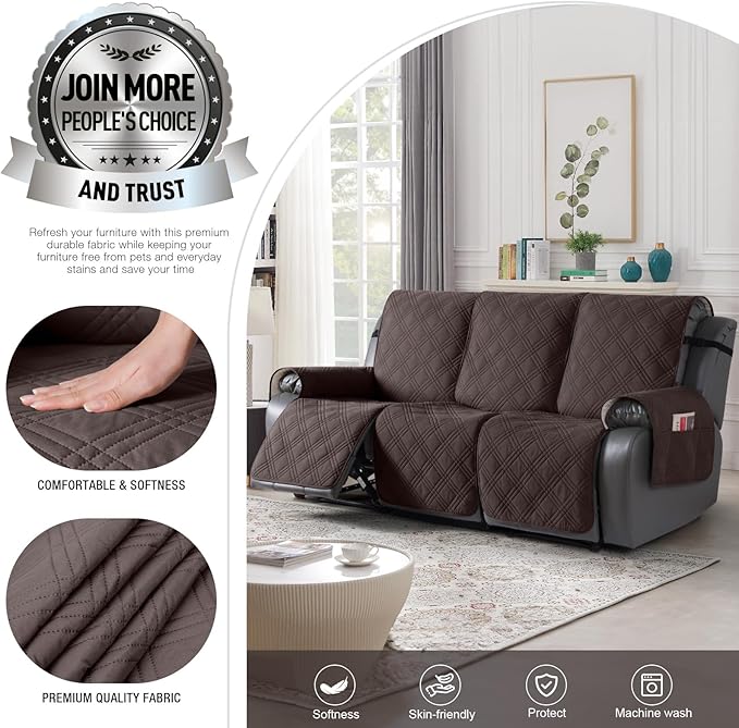 TAOCOCO 100% Waterproof Recliner Sofa Cover Non Slip Couch Cover for 3 Seat Reclining Sofa, Split Reclining Couch Covers 3-Piece with Straps, Washable Sofa Slipcover for Kids Pets(3 Seater, Chocolate)
