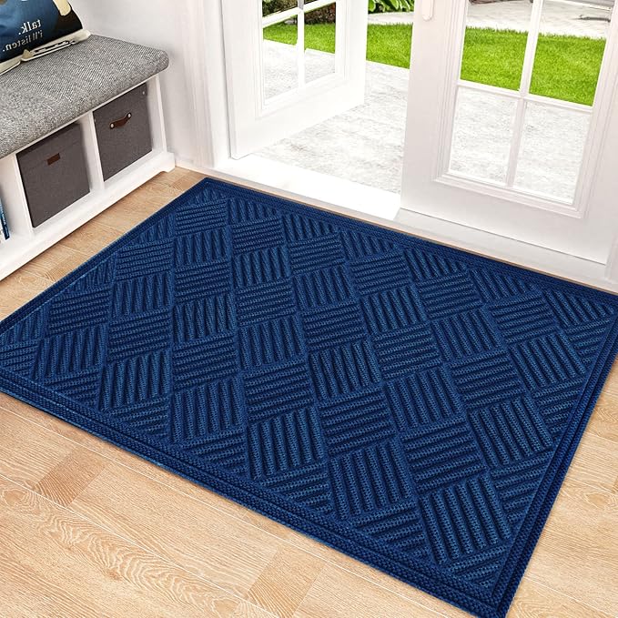 Mibao Front Door Mat, Dirt Trapper Welcome Mat for Outdoor Indoor, Non-Slip Waterproof Doormat, Durable Machine Washable Low Profile Entry Rug for Back Door Outside Patio Porch, 35.5" x 24", Blue