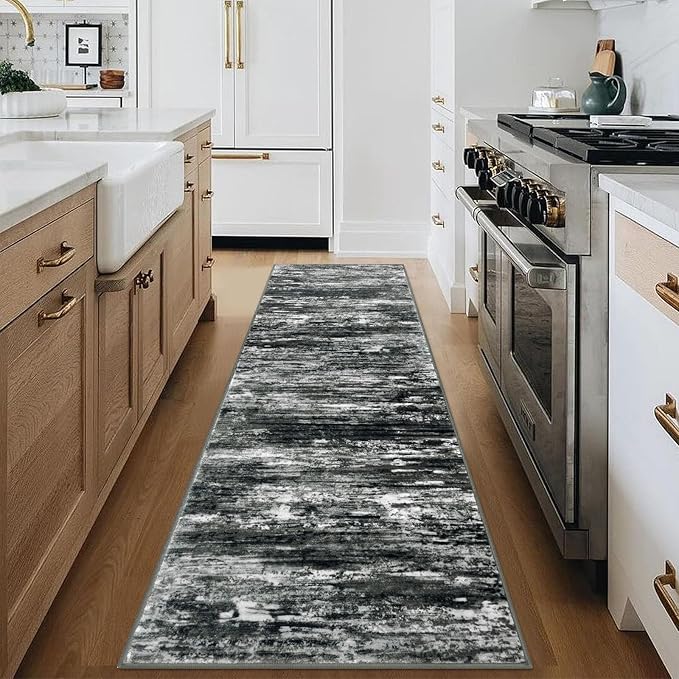 KOZYFLY Modern Abstract Hallway Runner Rug, 2.6x8 Washable Rug Runner Non-Slip Soft Striped Kitchen Runner Rugs, Print Black Grey Carpet Runner for Entryway Bathroom Laundry Room Foyer