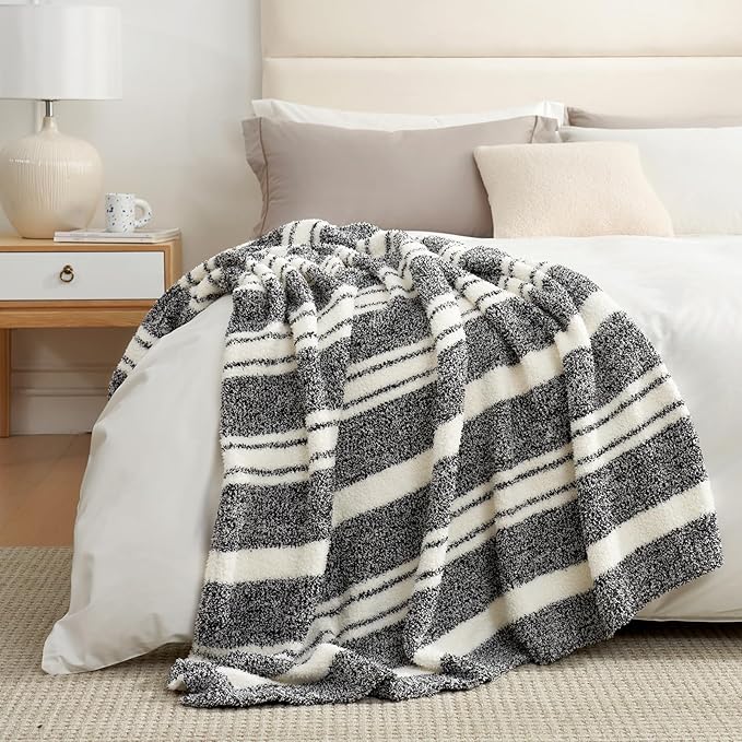 Snuggle Sac Heather Throw Blanket for Couch, Reversible Super Soft Blankets Warm Cozy Knit Fuzzy Plush Lightweight for Sofa, Bed, Camping, Picnic (Stripe Black, Queen (90"x90"))