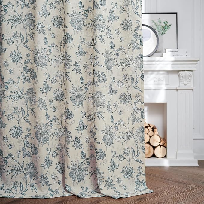 jinchan Linen Floral Curtains for Living Room with Printed Flower 63 Inches Long Light Filtering French Country Back Tab Rod Pocket Blue Window Curtain Set Farmhouse Drapes 2 Panels Blue