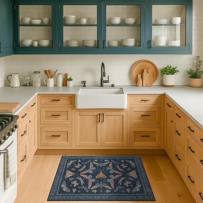 Dark Blue 2x3 Small Rugs for Bathroom Non Slip, Washable Vintage Boho Insect Rug for Kitchen Floor, Entryway Indoor, Powder Room, House Decor Aesthetic, Low Pile Non Slip Carpet