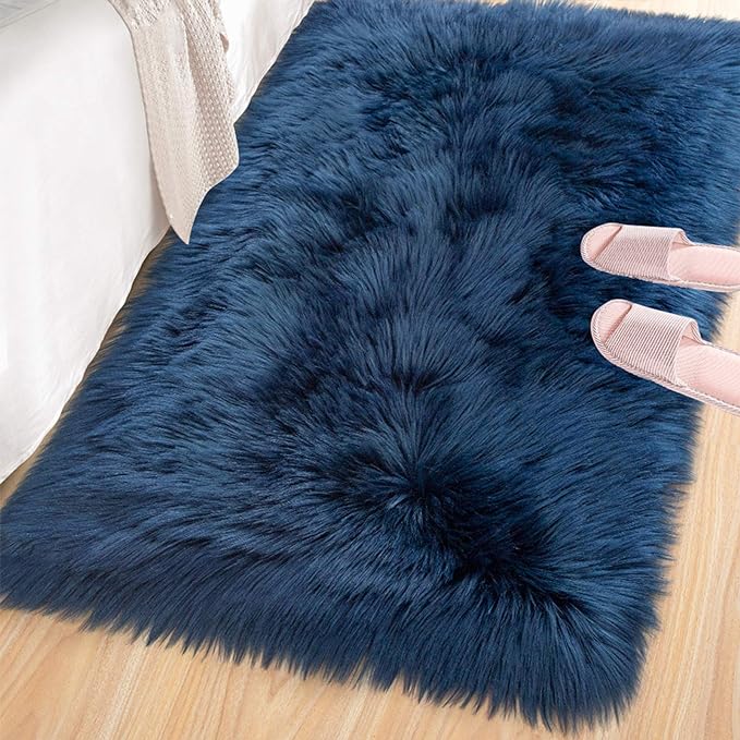 LOCHAS Soft Fluffy Faux Fur Rugs for Bedroom Bedside Rug 2x3 Feet, Washable, Furry Sheepskin Area Rug for Living Room Girls Room, Luxury Shag Carpet Home Decor, Light Navy