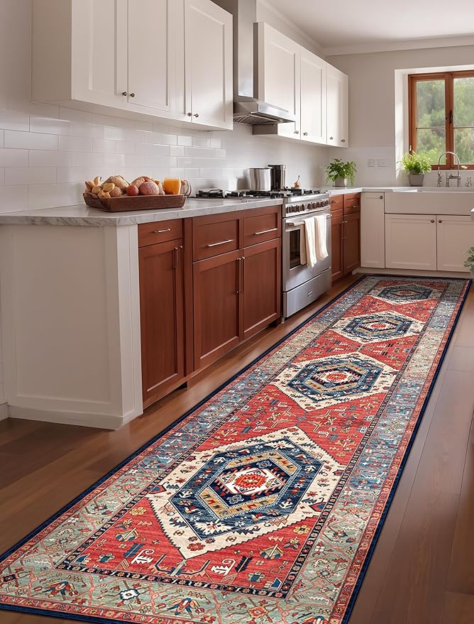 SERISSA Runner Rug for Hallways, 3x12 Washable Non Slip Kitchen Runner Rug, Extra Long Boho Rug Ultra Soft Vintage Rust Print Floor Carpet for Bedroom Hallway Entryway Bathroom Laundry Room