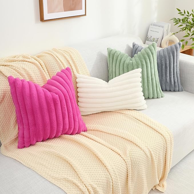decorUhome Summer Cozy Faux Fur Throw Pillow Covers 12x20 Set of 2 Decorative Soft Plush Striped Lumbar Modern Farmhouse Boho Couch Pillow Cases with Velvet Back for Sofa Bed Living Room, Hot Pink