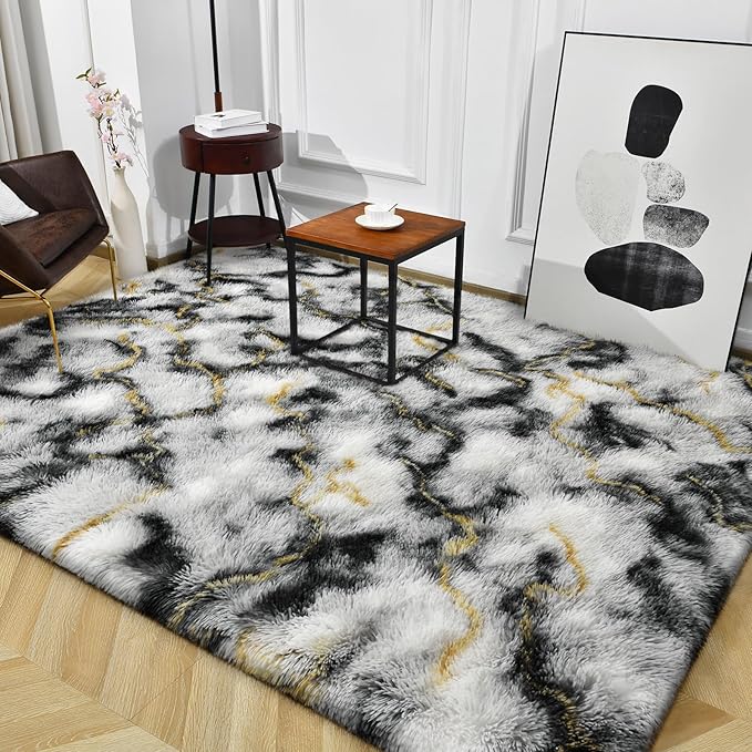 TWINNIS Super Soft Shaggy Rugs Fluffy Carpets, 5x8 Feet, Indoor Modern Plush Area Rugs for Living Room Bedroom Kids Room Nursery Home Decor, Upgrade Anti-Skid Rectangular Fuzzy Rug, Grey Gold