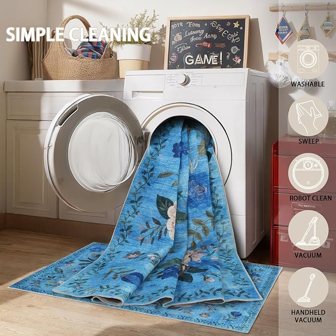 Washable Area Rug 8x10, Large Soft Rugs for Living Room Floral Blue Carpet 8x10 Area Rugs for Bedroom Dining Room Non-Slip Stain Resistant Under Table Rug (8 x 10, Blue Lawn)