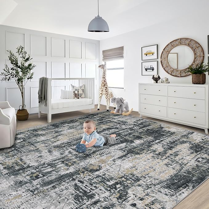 XLUEZ 9x12 Area Rug for Living Room, Washable Modern Abstract Large Area Rug Neutral Soft Non Slip Kids Rug Stain Resistant Indoor Carpet for Bedroom Dining Room Playroom Office(BlackGreyGold, 9'x12')