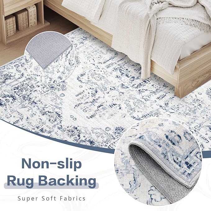 6x9 Area Rugs for Living Room: Washable Rug Vintage Large Rugs Soft Non Slip Low Pile Rug Floral Distressed Floor Carpet for Bedroom Kitchen Nursery Dining Room Home Office (Blue, 6'x9')