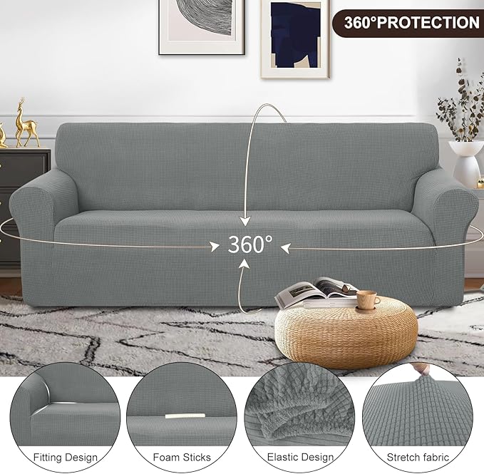U-NICE HOME 4 Seater Stretch Couch Cover Sofa Cover Washable Sofa Slipcover Furniture Protector for 3 Cushion Couch Sofa Pet Friendly, Grey