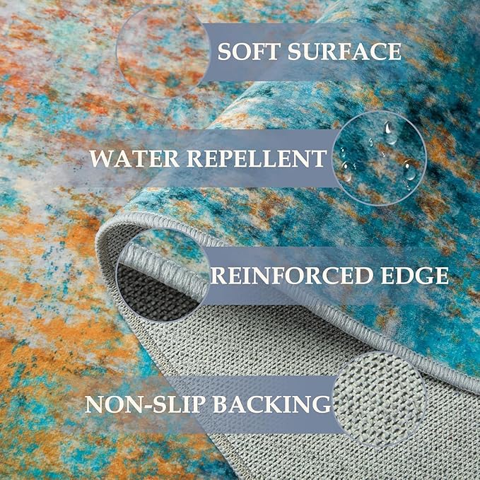 Washable Area Rugs 6'x9' Non-Slip Modern Abstract Soft for Living Room Entryway Bedroom Nursery, Print Pattern, Teal Blue Green Orange Rust Red Coloreful