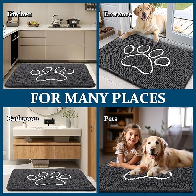 OLANLY Dog Door Mat for Muddy Paws 24x16, Paw Print Design, Absorbs Moisture and Dirt, Absorbent Non-Slip Washable Doormat, Quick Dry Chenille Mud Mat for Dogs, Entry Indoor Entryway Carpet, Dark Grey