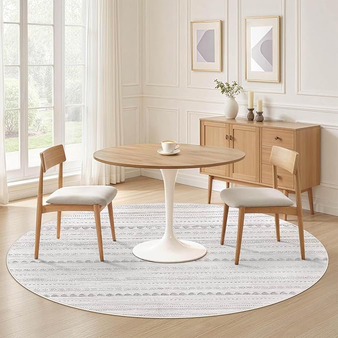 Nakagishi Round Rug Boho Area Rugs: 8x8 Washable Large Circle Neutral Soft Stain Resistant Non-Slip Carpet for Women Aged 25-45 Farmhouse Home Decor Enthusiasts - Living Room Bedroom Dining Room