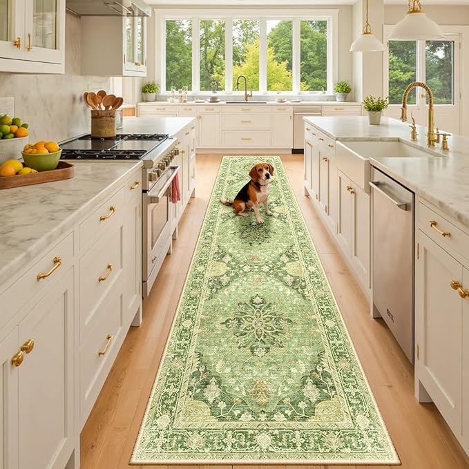 RELEANY Area Rugs 3'x10' Runner Rug Non Slip Washable for Kitchen Hallway Bedroom Beside Laundry Room Bathroom Rug, Floor Carpet, Sage Green Yellow