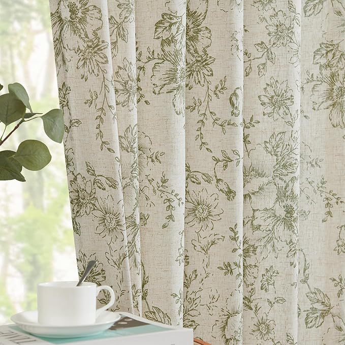 jinchan Linen Floral Curtains 96 Inch Length for Living Room Bedroom Light Filtering Farmhouse Peony Flower Drapes Rustic Window Curtain Set Rod Pocket Back Tab 2 Panels Green