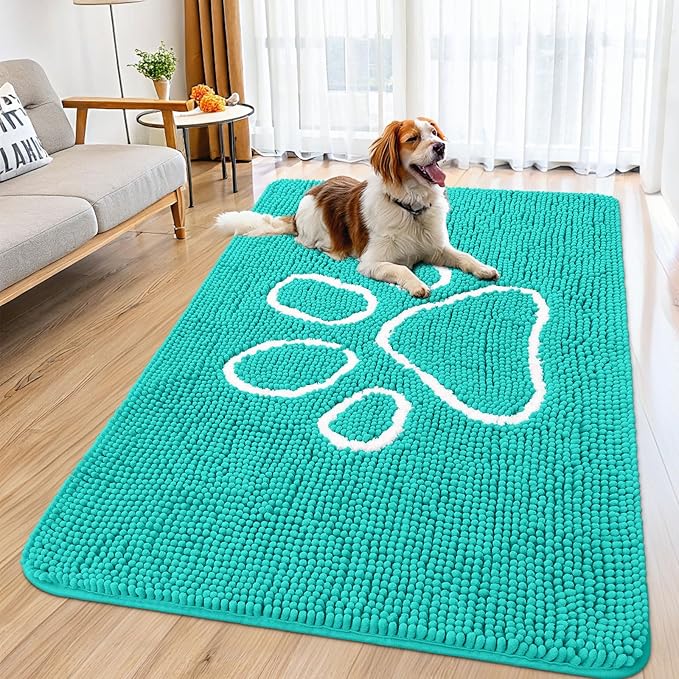 Smiry Dog Door Mat for Muddy Paws, Absorbent Dirt Trapper Non Slip Quick Dry Washable Chenille Mat for Mud Dogs, Entry Rug for Indoor and Outdoor (59x35 Inches, Turquoise and White)
