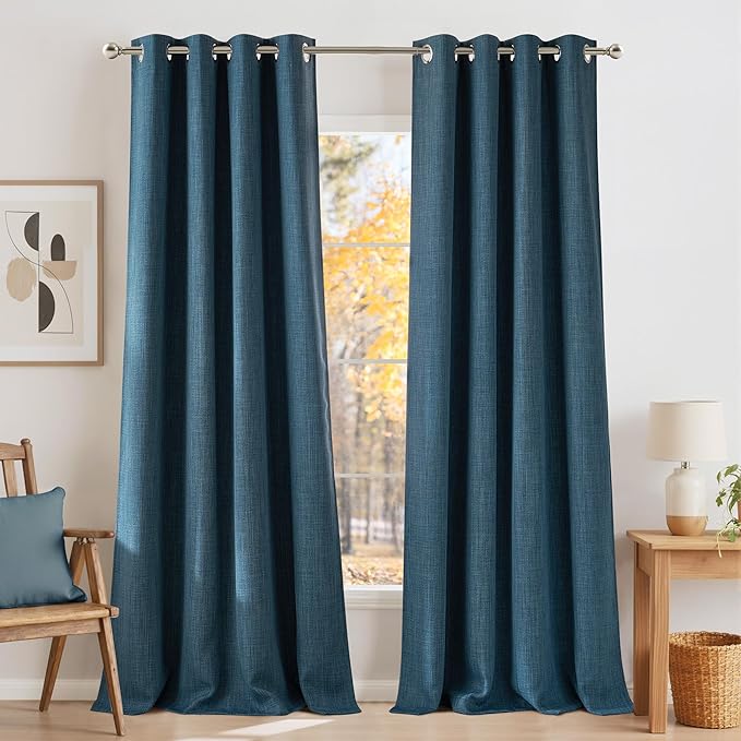 NICETOWN Faux Linen Stone Blue Blackout Curtains 84 inches Long for Living Room - Privacy Panels for Bedroom, Modern Farmhouse Style Easy Care Grommet Top, 2 Panels, W52 by L84