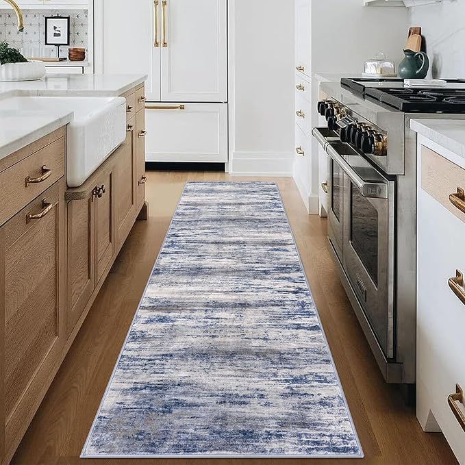 KOZYFLY Modern Abstract Hallway Runner Rug, 2.6x8 Washable Rug Runner Non-Slip Soft Striped Kitchen Runner Rugs, Print Grey Blue Carpet Runner for Entryway Bathroom Laundry Room Foyer
