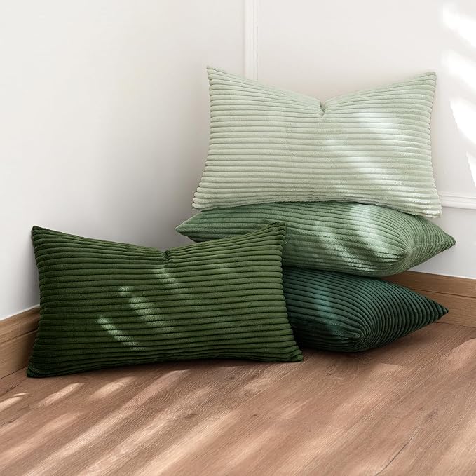 MIULEE Boho Farmhouse Sage Green Throw Pillow Covers 12x20 Inch Set of 4 Mordern Nordic Cushion Covers Soft Corduroy Spring Home Decor for Couch Bed Sofa Living Room Forest Green