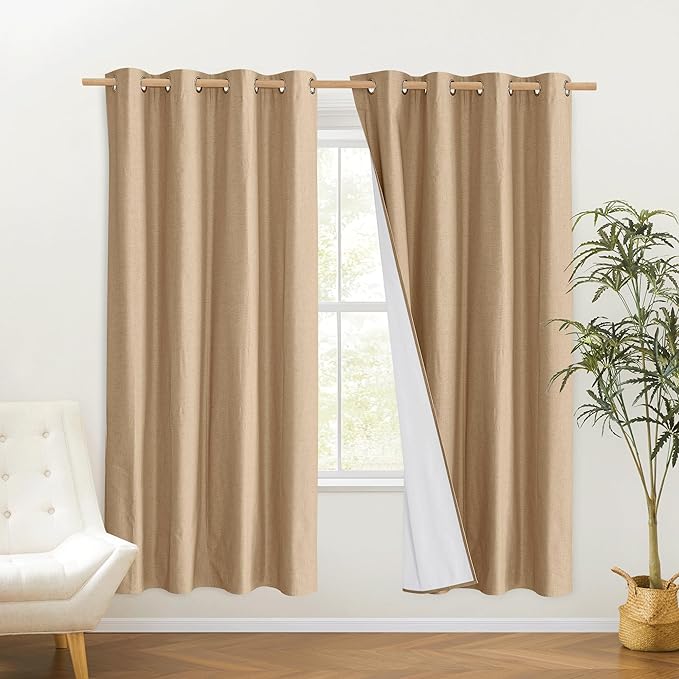 NICETOWN 100% Absolutely Blackout Linen Curtains with Thermal Insulated White Liner, Camel, W52 x L72, 2 Panels, Long Curtains 72 inch Length for Patio Door, Doorway, Office, Overnight Shiftworker