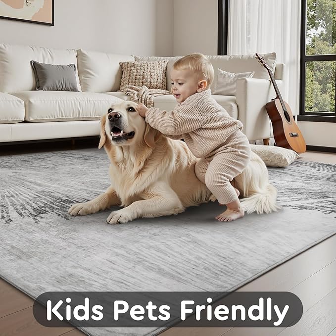 6x9 Area Rugs for Living Room-Machine Washable Rug Ultra Soft Non Slip Area Rug Modern Abstract Dahlia Indoor Carpet Rugs for Bedroom Dining Room Playroom Nursery Bedside Office, Grey