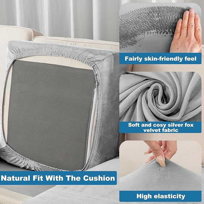 Couch Cover Stretch Velvet Sofa Cushion Cover 2-Piece - Elastic Washable Slipcover for Seat or Backrest, Couch Seat Covers for Sofas (Light Grey)