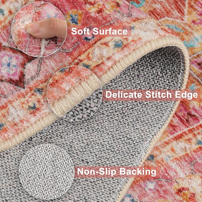 Yamaziot Washable Runner Rug, 2x8 Non-Slip Boho Vintage Hallway Rug Runner with Rubber Backing, Stain Resistant & Low Pile Faux Wool Distressed Carpet Runner for Bedroom, Kitchen, Laundry, Entrance