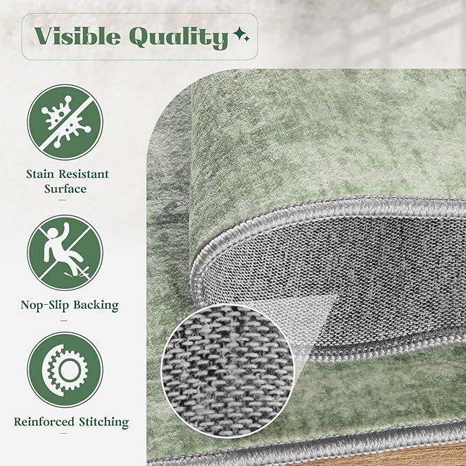 Area Rug 9x12 Washable Rug, Vintage Boho Medallion Rugs Non-Slip Soft Low Pile Large Distressed Rug Indoor Retro Carpet for Living Room Bedroom Dining Room Home Office (SageGreen, 9'x12')