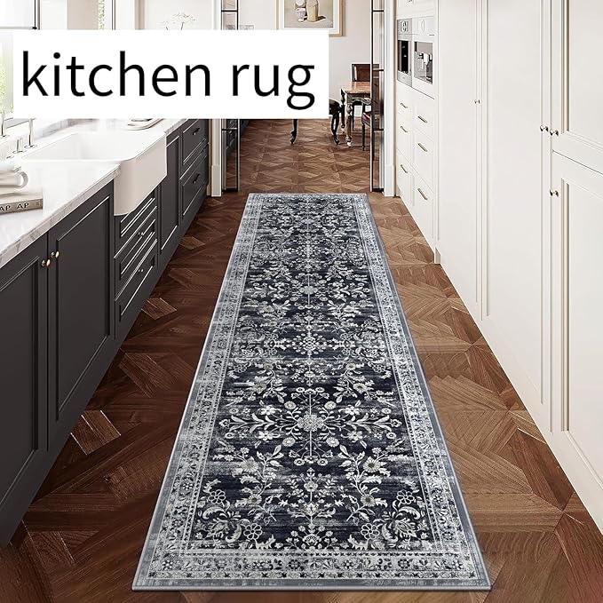 Yamaziot Washable Runner Rug 2x8 – Non Slip Boho Floral Hallway Runner Rug with Rubber Backing, Low Pile Faux Wool Distressed Carpet for Kitchen, Laundry, Bedroom, Entrance, Navy/Black