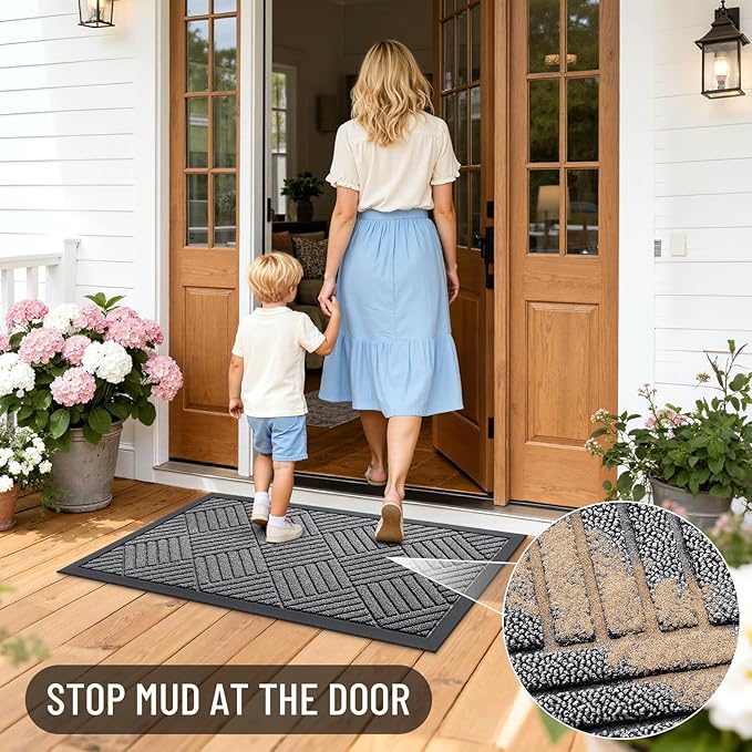 OLANLY Front Door Mat Outside Entrance 71x47, Absorbent, Heavy Duty Sturdy Natural Rubber Doormat Indoor Outdoor, Stain and Fade Resistant, Non-Slip Low Profile Floor Mat for Entryway, Grey Diamond