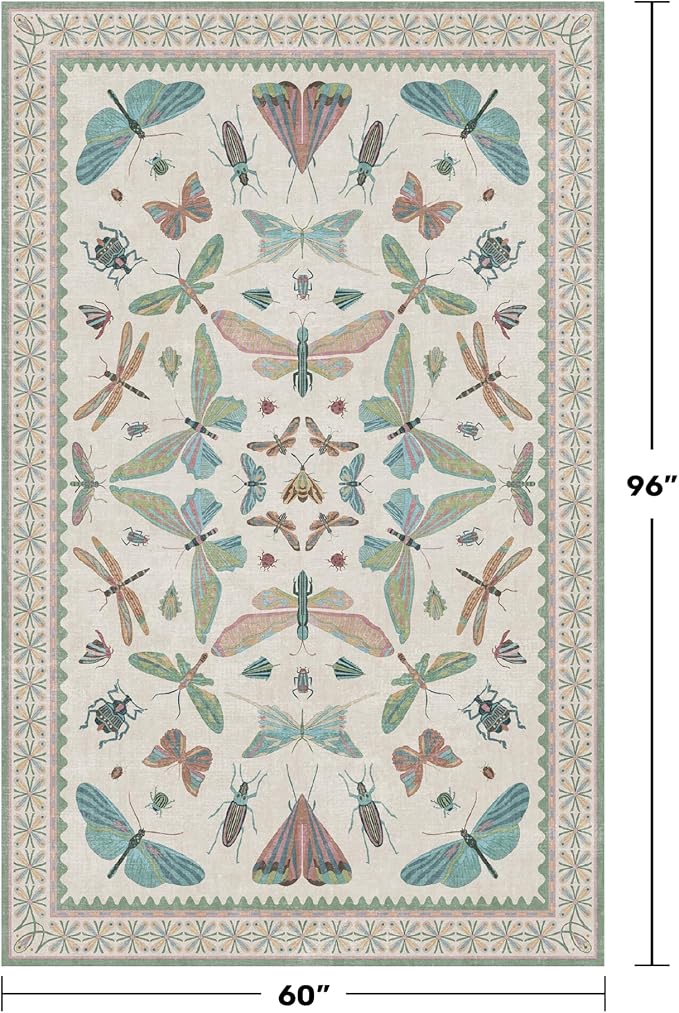 Hazo Haus Green and Blue Nursery Rug 5x8 - Washable Soft Area Rugs for Bedroom Under Bed, Living Room, Vintage Floral Butterfly Fun Indoor Floor Decor