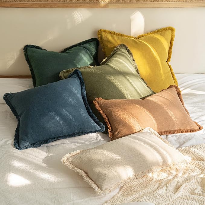MIULEE Decorative Throw Pillow Covers Neutral Linen Fringe Throw Pillows Euro Shams Set of 2 Navy Blue Boho Farmhouse Cushion Covers for Couch Sofa Bed Living Room Spring Home Decor 26x26 Inch