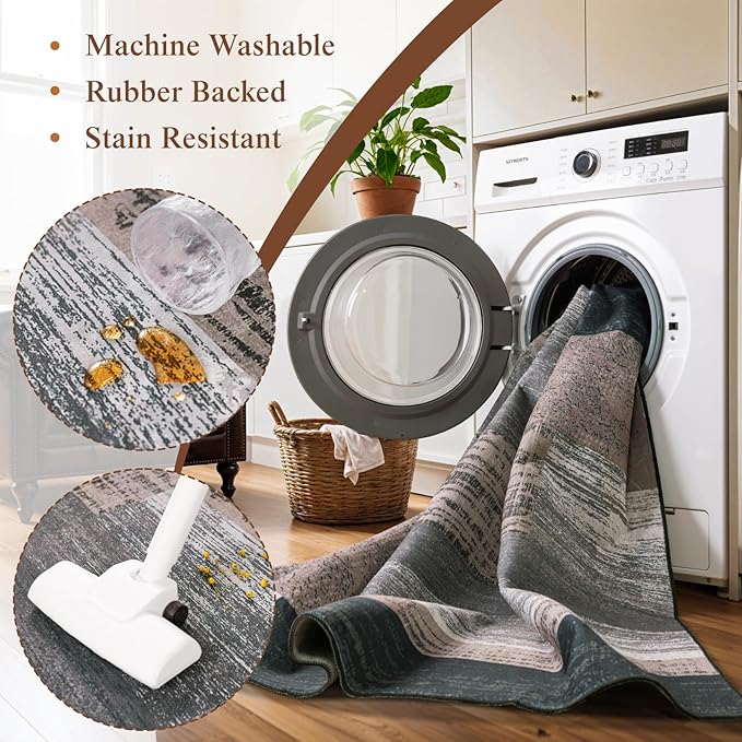 LIANLAM 8x10 Washable Area Rugs for Living Room and Bedroom, Vintage Checkered Pattern Non-Slip Carpet, Stain Resistant Low Pile Soft Rug for Dining Room,Office,Nursery,Kids Room(8x10,Chocolate)