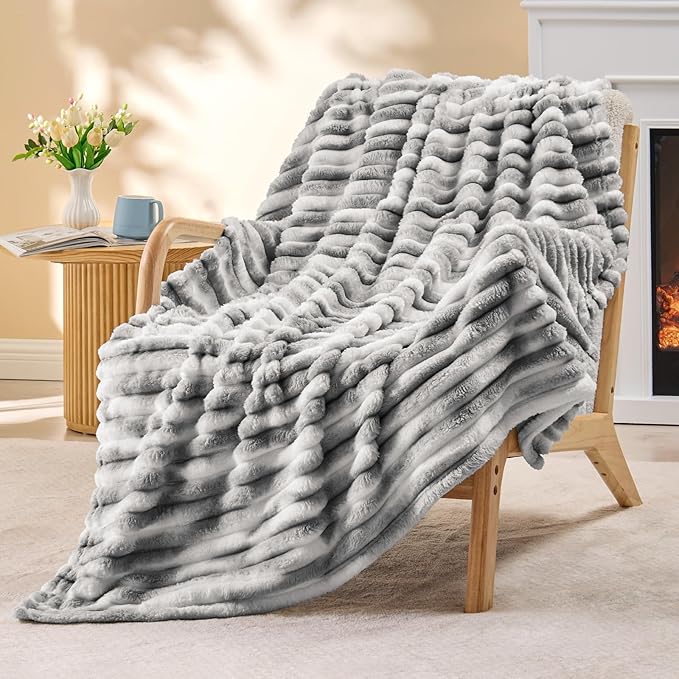 BEDELITE Twin Blanket for Couch & Bed, 300GSM Soft & Warm Fleece Blanket, Decorative and Giftable Striped Tie-dye Grey Blankets for Women, Men, 60"x80"