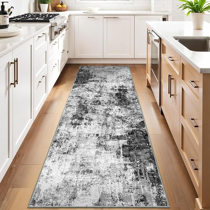 3x10 Washable Runner Rugs for Hallway: Easy-to-Clean Abstract Runners for Entryway Bedroom - Stain and Water Resistant Rugs with Non-Slip Backing - Soft Low-Pile Carpet Black Grey