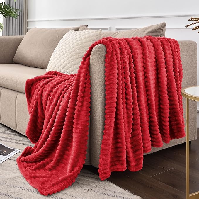 BEDELITE Fleece Throw Blanket for Couch – 3D Ribbed Jacquard Soft and Warm Decorative Fuzzy Blanket – Cozy, Fluffy, Plush Lightweight Red Throw Blankets for Bed, Sofa, 50x60 inches