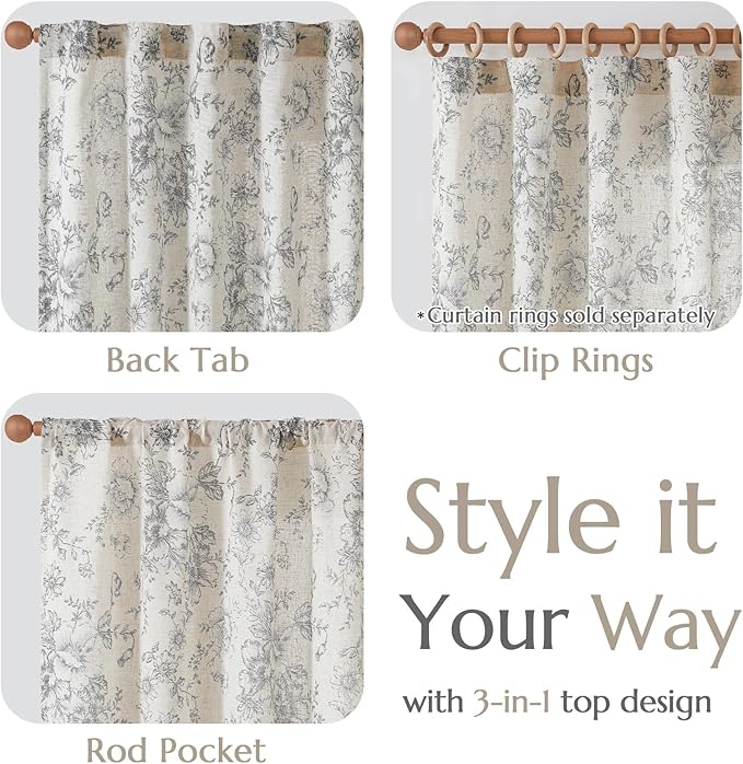 jinchan Linen Blend Curtain Floral Curtains for Living Room 84 Inch Length Grey Printed Curtain Rod Pocket Back Tab Farmhouse Peony Flower Patterned Drapes Bedroom Window Curtains Set 2 Panels