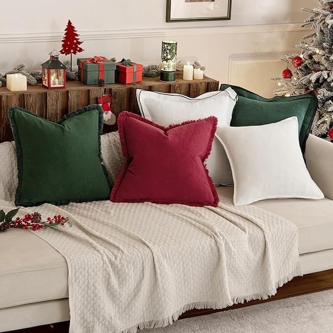 MIULEE Decorative Throw Pillow Covers Neutral Linen Fringe Throw Pillows Euro Shams Set of 2 Burgundy Boho Farmhouse Cushion Covers for Couch Sofa Bed Living Room Home Decor 22x22 Inch