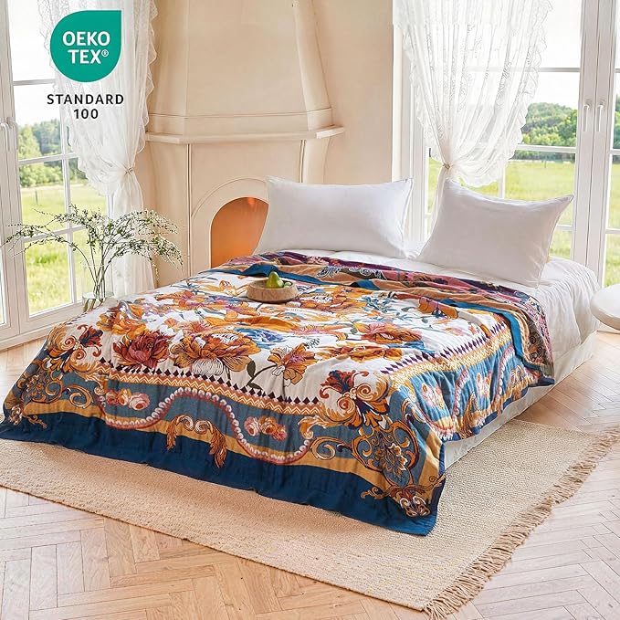 MSGKV Boho Throw Blanket 50"x60" Couch Floral 100% Cotton Blanket Spring Breathable Lightweight Blankets for Sofa All Seasons Home Decor Muslin