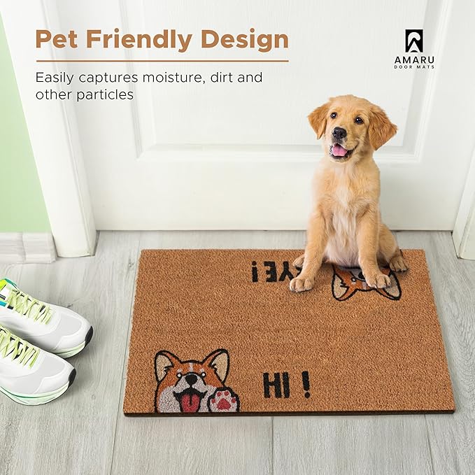 Hi-Bye Dog - 24"x36" - Coir Door Mat with Heavy Duty Backing - Welcome Mats for Entryway, Porch - Anti-Slip PVC & Coconut Fiber Surface - Natural Home Accessories, Minimalist Original Design