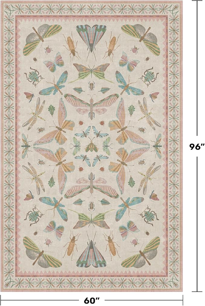 Hazo Haus Washable 5x8 Light Pink Rug for Bedroom - Pink Boho Girl Nursery Rug, Living Room, Nature Insect Bug Print Home Decor