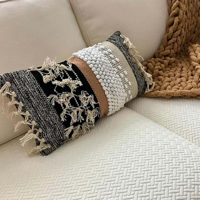 Decorative Boho-Chic Premium Pillow Cover 12x20 Handwoven Tufted Cotton Lumbar Accent Pillows, Neutral Earthly Color Throw Cushion, Farmhouse & Bohemian Home Decor (no Insert)