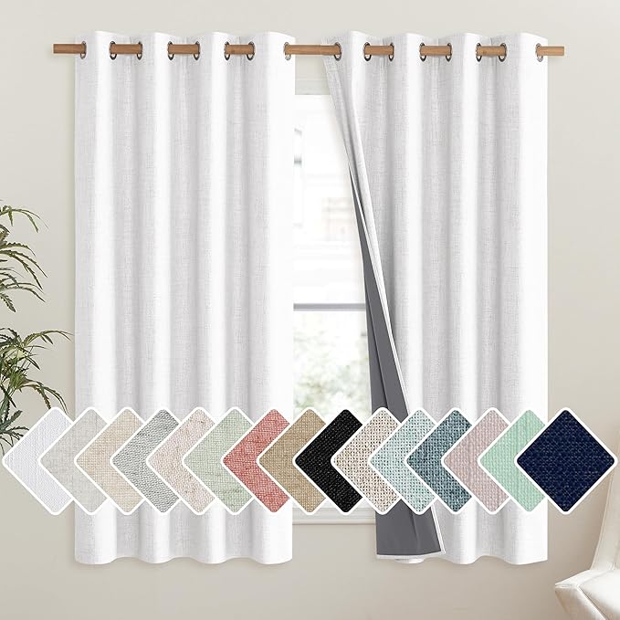 NICETOWN 100% Absolutely Blackout Linen Curtains with Thermal Insulated Liner, Greyish White, 52" Wide, 63" Length Energy Saving Curtains for Living Room 2 Panels Set, Vertical Blinds