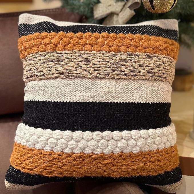 Decorative Boho Pillow Cover, 18” x 18” Square, Soft Moroccan Rustic Throw with Tufted Accents, Plush Handwoven Cotton, Neutral Farmhouse Home Decor | Made with Love and Care in India (Terracotta)